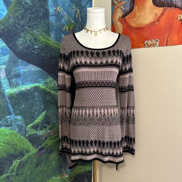 belldini knit tunic top medium scoop neck long sleeve fitted boho sweater - Picture 1 of 7